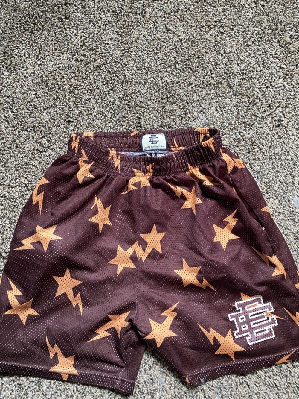 Eric Emanuel Men's Maroon Shorts with Gold Star & Lightning Print